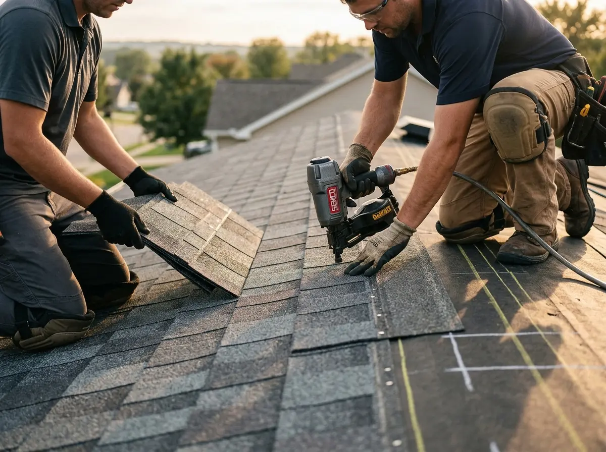 Professional roofer working on a residential roof in Oyster Bay